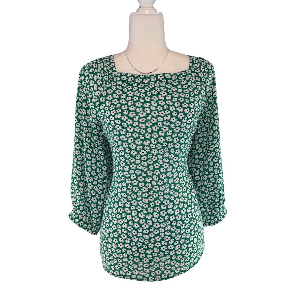 Premise Green and White Floral Print 3/4 Sleeve Square Neck Blouse Size L